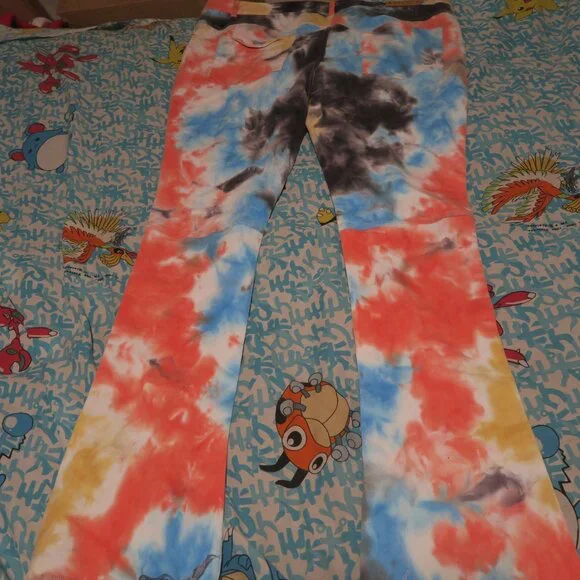 Heaven on Earth 1336 Tie Dye Stacked Denim Jeans Size 42x35 Raw Hem Orange Blue
